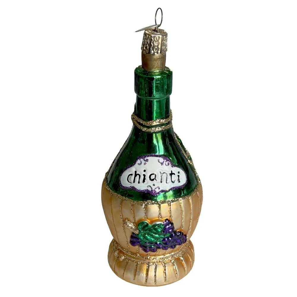 Old World Christmas Chianti Wine Bottle & Italy Flag Blown Glass Set2 Ornaments
